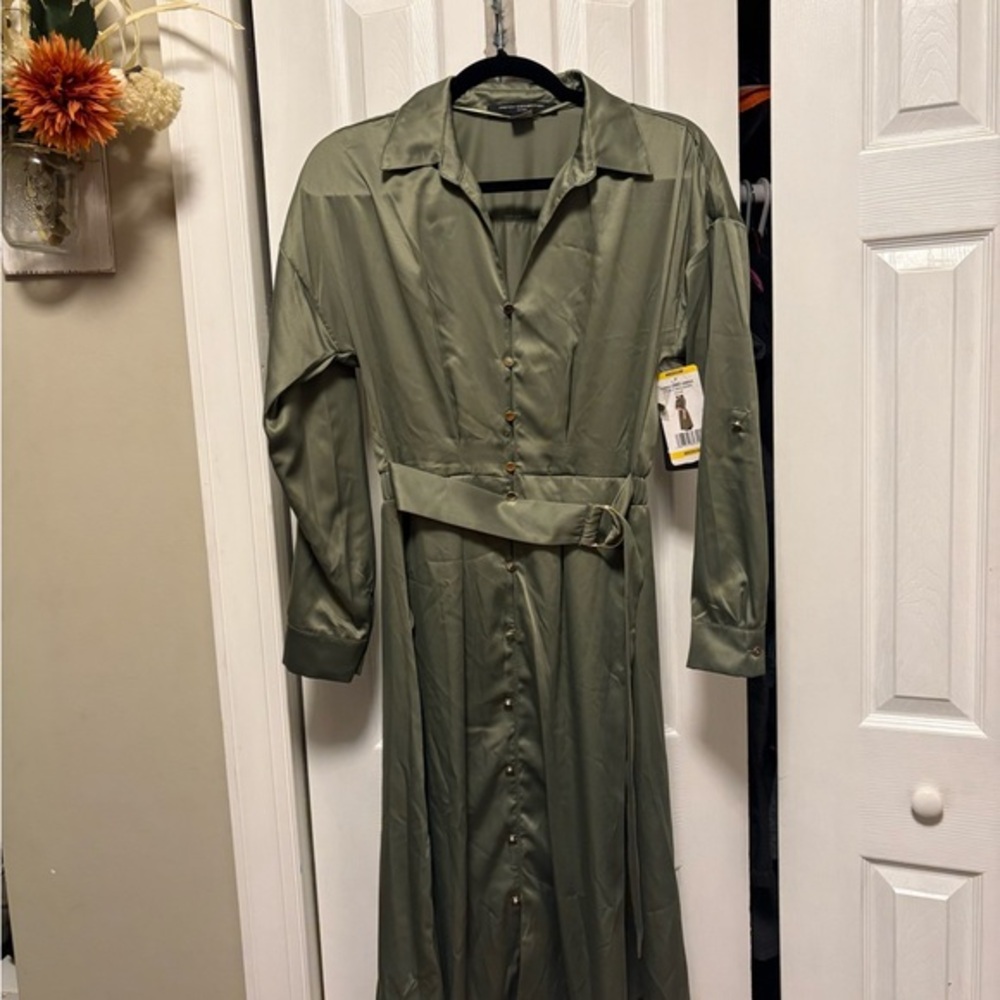 French Connection Olive Green Long Sleeve Midi Shirt Dress